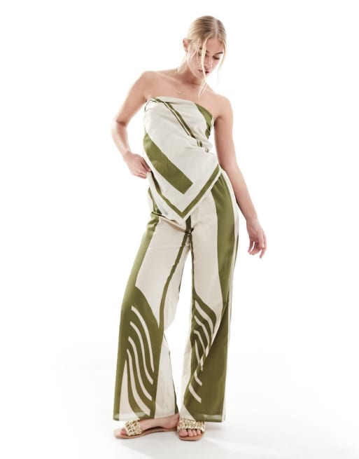 SNDYS contrast stripe bandeau wrap top and pants set in olive