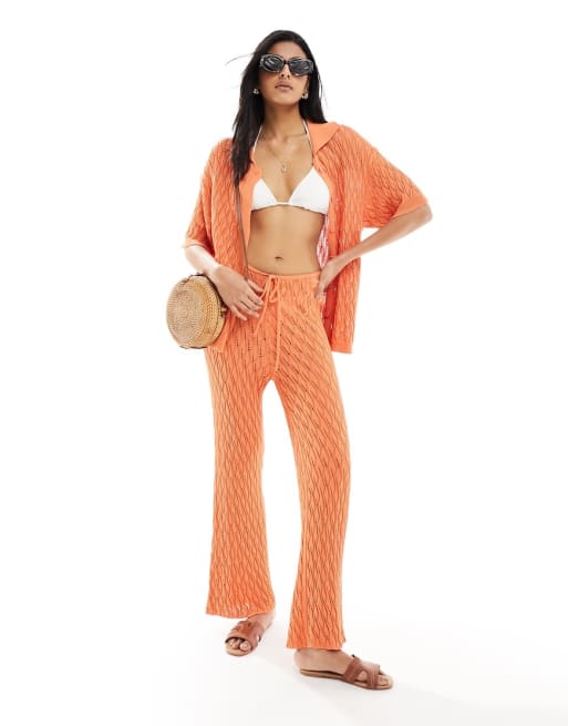 SNDYS - Coordinato arancione all'uncinetto con camicia e pantaloni