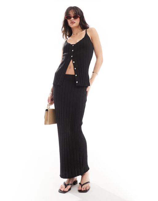 SNDYS knit thick rib button down top and maxi skirt set in black