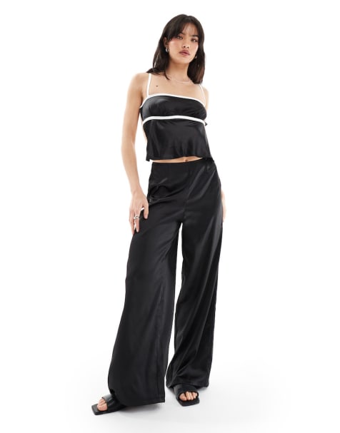 SNDYS satin cami top with contrast seam and wide leg pants set in black - view 1