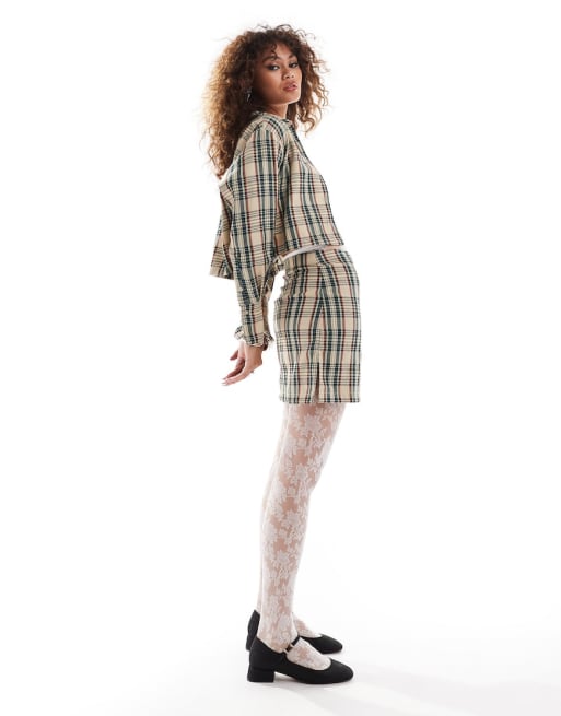 Something New - Coordinato con camicia corta e minigonna sartoriale a quadri blu navy e beige