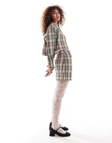 Something New cropped shirt and tailored mini skirt co-ord in navy and beige che - view 1