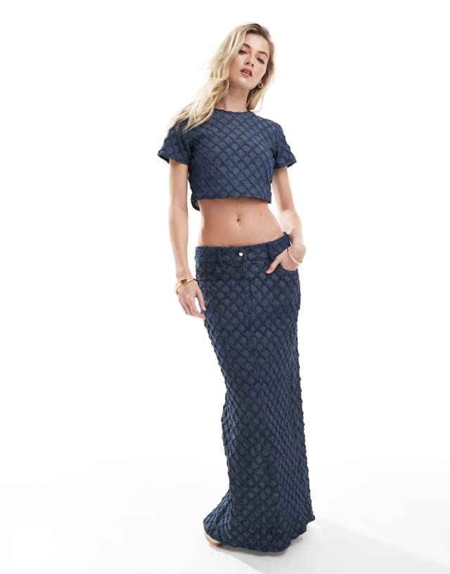 Something New - denim textured maxi skirt and crop top co-ord with back split in d