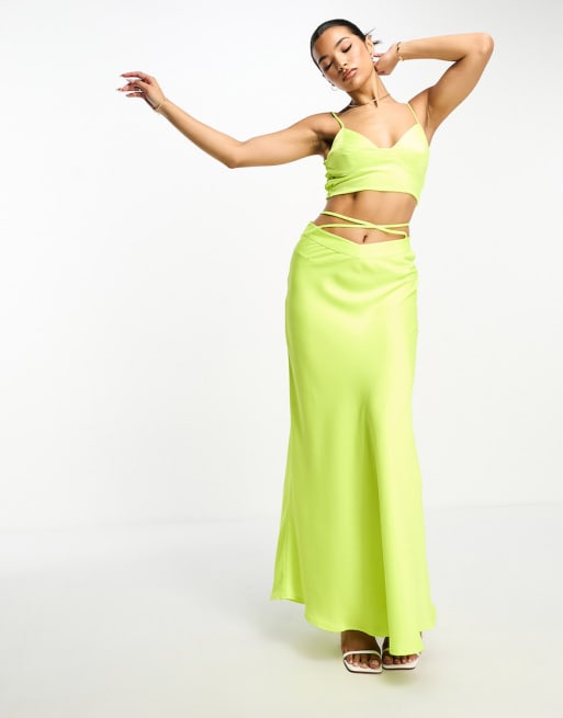 Something New satin cami top and and tie detail maxi skirt co ord in neon yellow ASOS