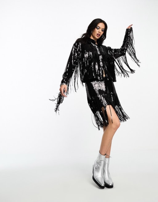 Something New X Emma Fridsell sequin western tassle jacket and mini skirt co-ord