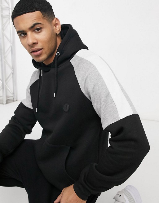 Soul Star mix & match hoody with contrast cut and sew patches in black