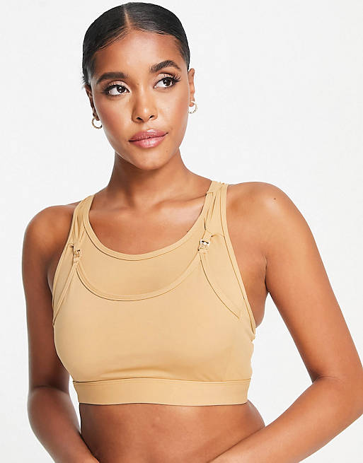 South Beach Maternity nursing mid support sports bra in camel with matching  shorts
