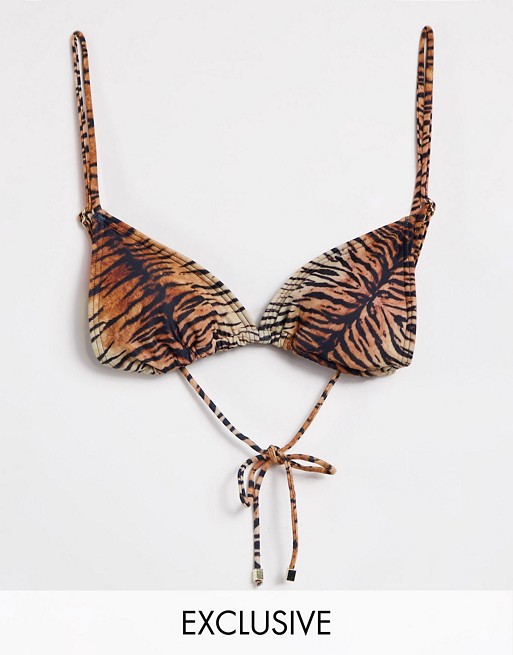 South Beach mix and match plunge crop bikini top in tiger print