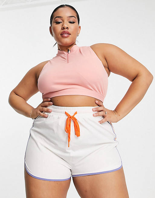 South Beach Plus – Rosa set i polyester med crop top med halvlång dragkedja och matchande shorts