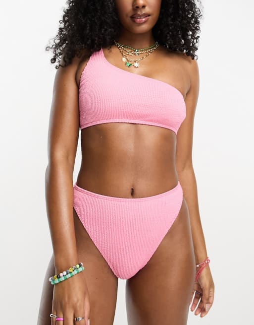 Color Block Crinkle One Shoulder High Waisted Bikini Set With Gold