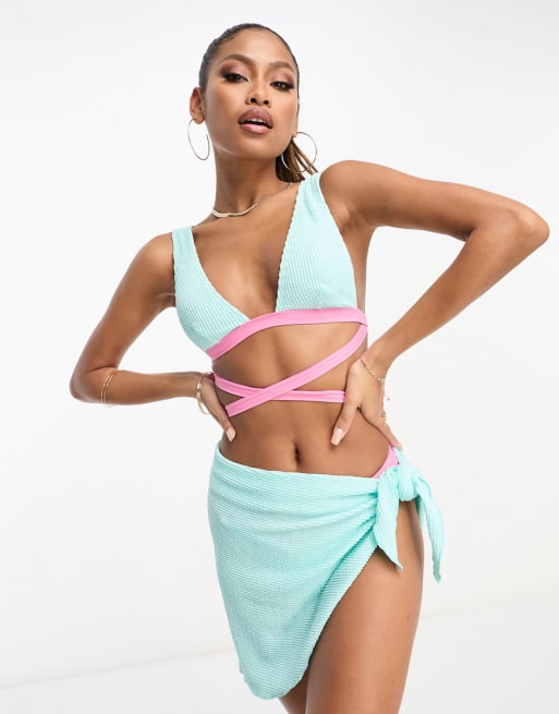 South Beach textured wraparound bikini set with contrast straps in