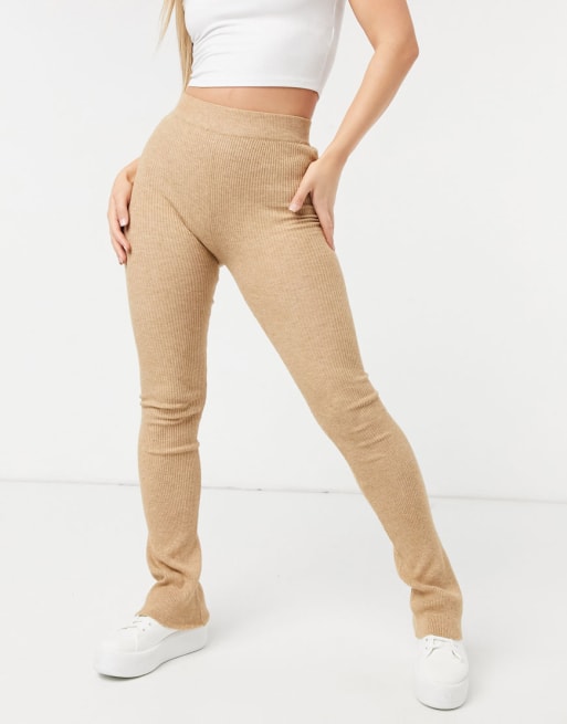 Stradivarius – Beige stickat set med ärmlös topp med hög krage och byxor