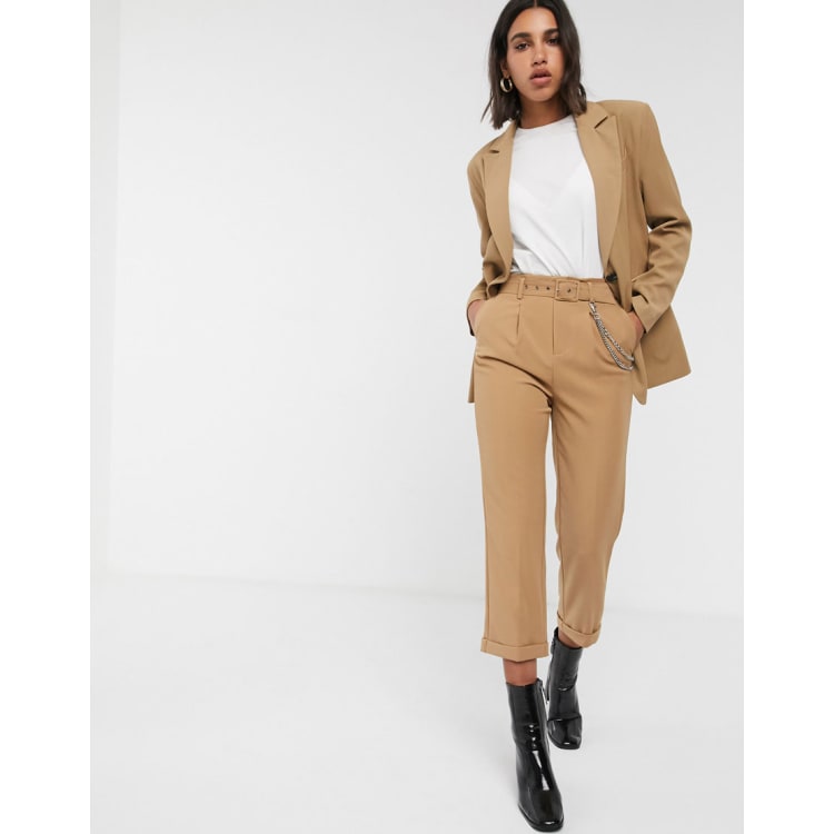 Stradivarius boyfriend blazer & chain detail pants in camel