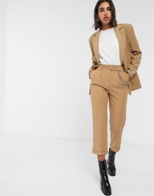 Stradivarius boyfriend blazer & chain detail pants in camel
