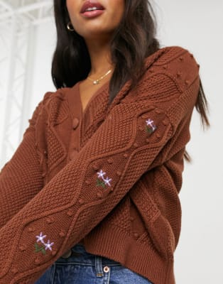 embroidered cable knit cardigan