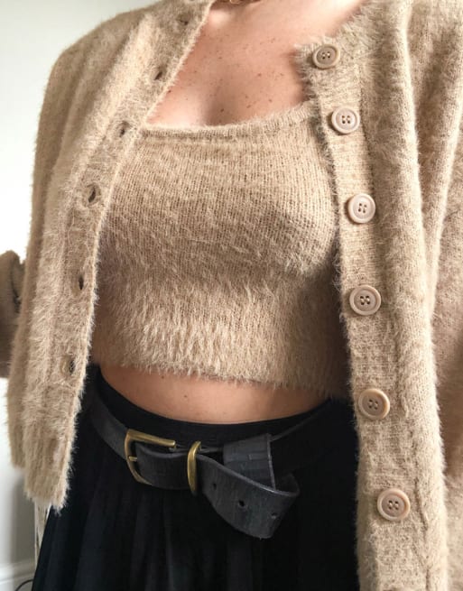 Stradivarius - Co-ord set donzig gebreid vest en crop top in bruin
