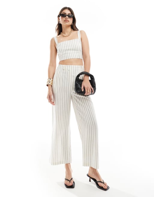 Stradivarius - Co-ord set van camitop met vierkante top en broek met linnenlook en rustieke strepen
