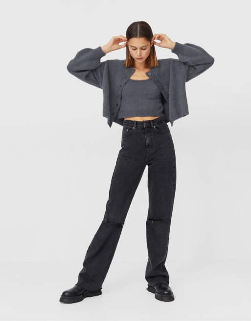 Stradivarius - Coordinato con cardigan e crop top in maglia soffice grigio