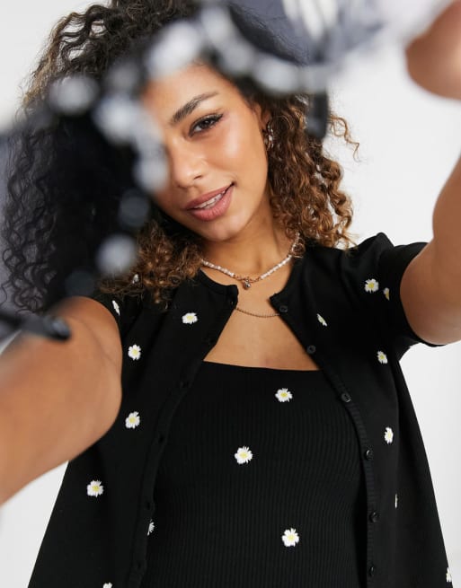 Stradivarius daisy strappy cami and cardigan co-ord in black