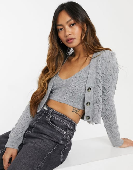Stradivarius - Gebreide combi-set met camitop en vest in grijs
