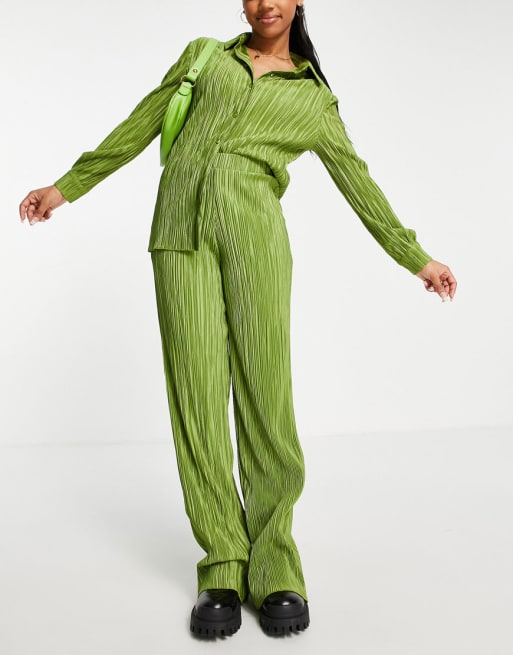 Stradivarius - Geplooide combi-set met overhemd en broek in olijfgroen