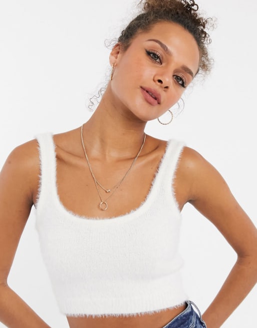 Stradivarius - Gilet et crop top en maille duveteuse (ensemble) - Écru