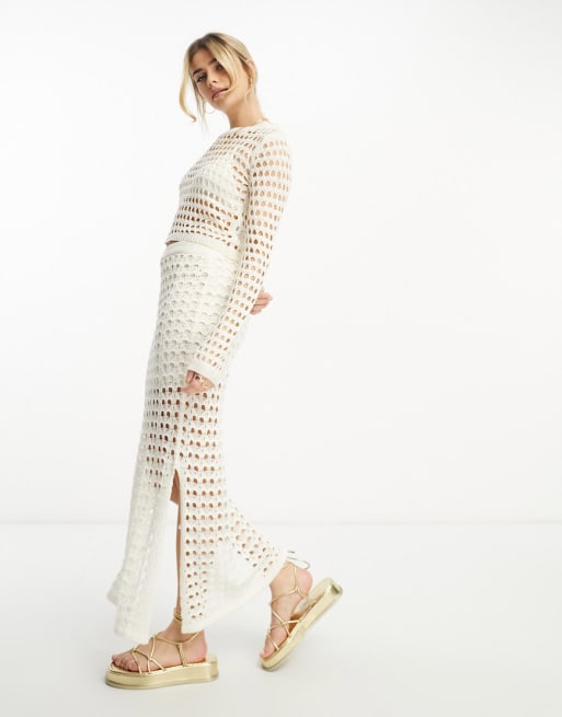 Stradivarius - Jupe longue et top en maille crochetée ajourée - Écru