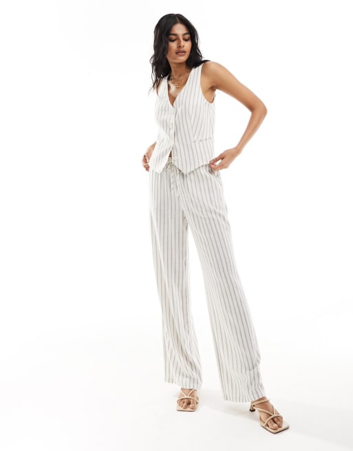 Stradivarius linen look waistcoat & pants in natural stripe