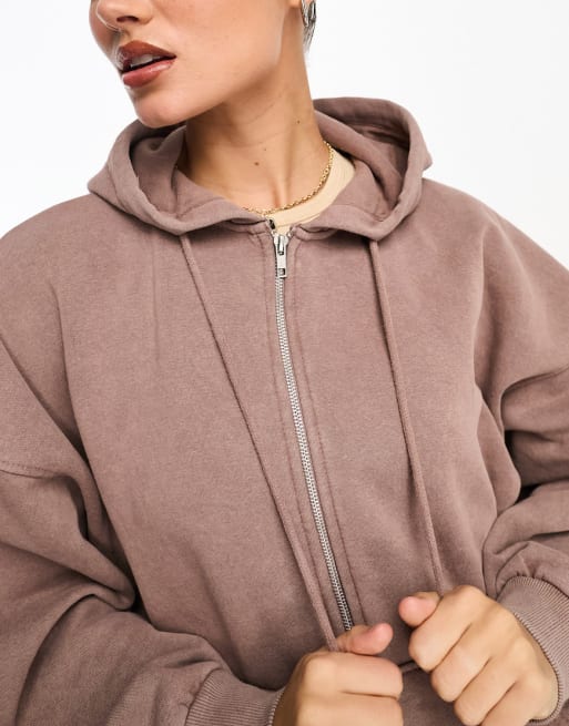 Stradivarius oversized zip through hoodie and sweatpants set in washed  brown