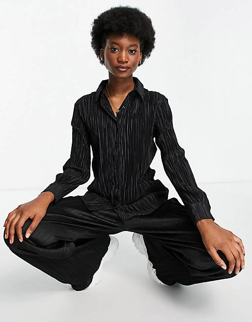 Stradivarius pleated co-ord shirt and trouser in black