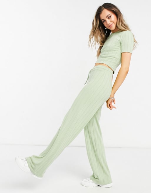 Stradivarius recycled polyester rib cropped t-shirt and pant set in green