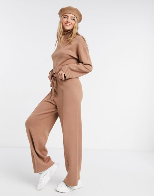 Stradivarius roll neck sweater and knitted pants in brown