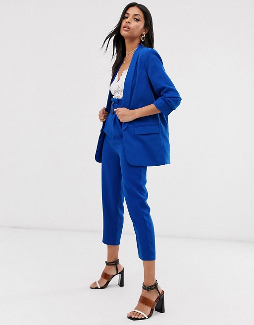Stradivarius ruched sleeve blazer & trousers co-ord in blue