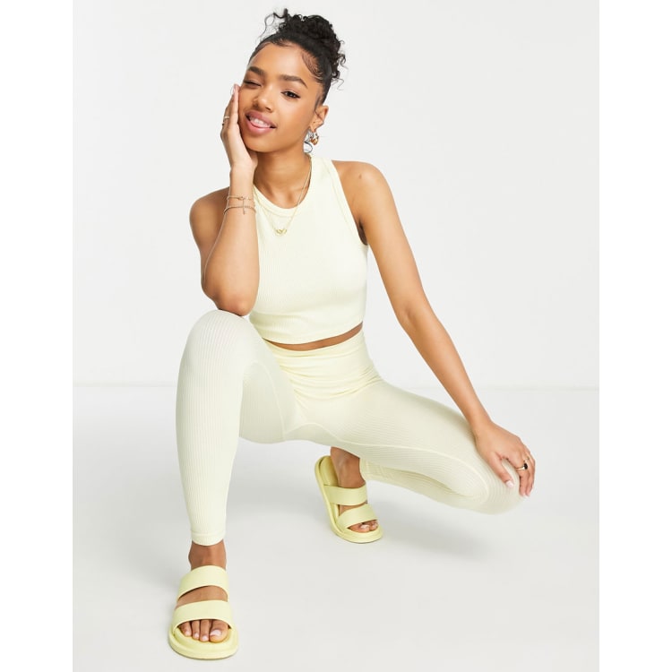 Stradivarius seamless ribbed leggings co-ord in lemon