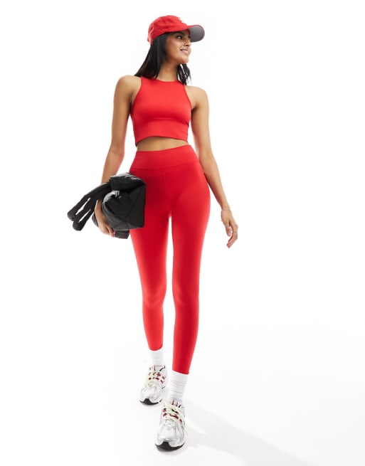 Stradivarius seamless sculpt tank top legging set in red ASOS