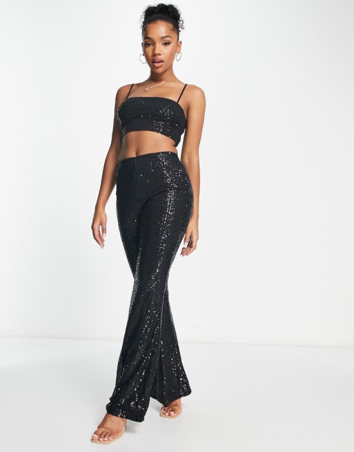 Stradivarius sequin crop top & pants set in black | ASOS