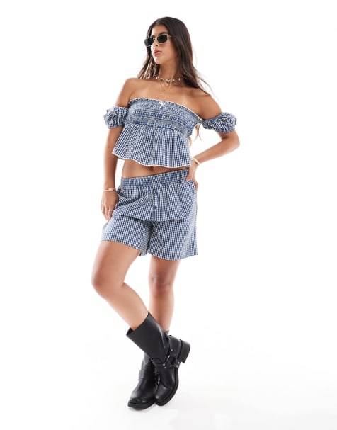 Stradivarius - STR - Blåt sæt med boksershorts og top med gingham-print - view 1