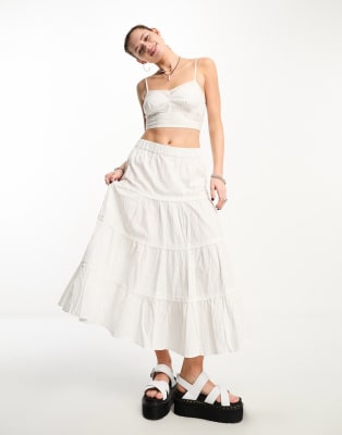 Stradivarius STR lace insert cami top & ruffle mini skirt in white | ASOS