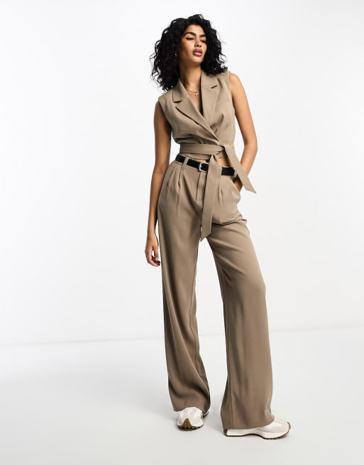 Stradivarius tailored wrap suit vest and pants set in stone | ASOS