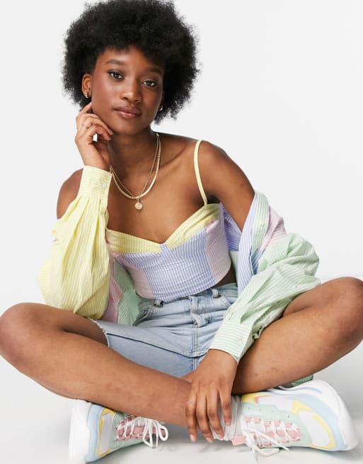 Stradivarius - Tri-set - Camicia, canottiera e pantaloncini oversize in popeline con righe a contrasto