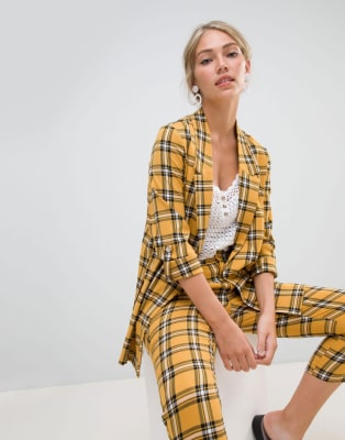 Stradivarius yellow plaid longline blazer pants suit ASOS