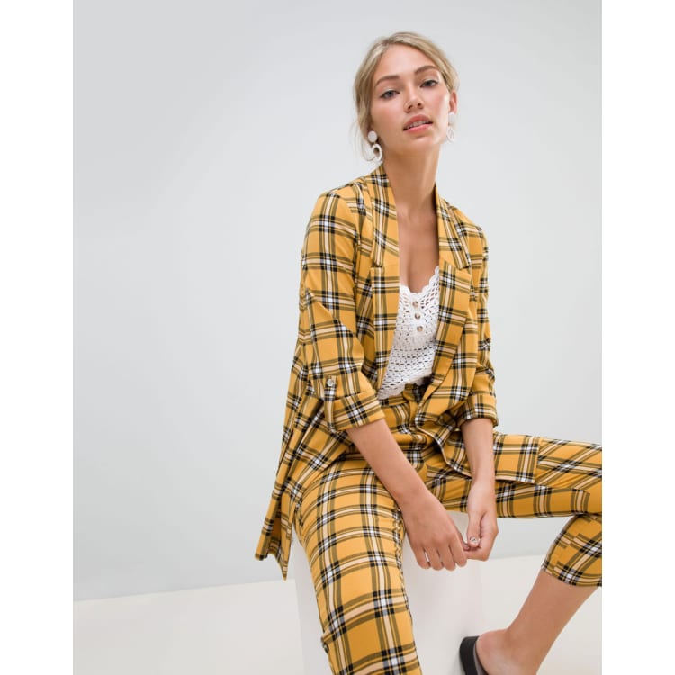 Stradivarius yellow plaid longline blazer pants suit ASOS