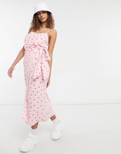 Style Cheat satin wrap midi skirt co-ord in pink and red heart print
