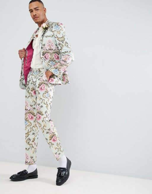 Tall, skinny bryllupshabit i pastelfarvet, jacquardvævet blomsterprint fra ASOS EDITION