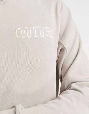 The Couture Club lounge ribbed varsity hoody in cream co-ord