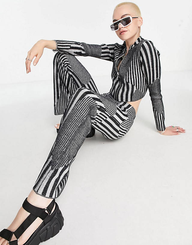 The Ragged Priest - knitted stripe top and trousers co-ord in grey