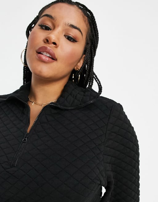 Threadbare Curve – Czarny pikowany zestaw: sweter z zamkiem pod szyją i szorty