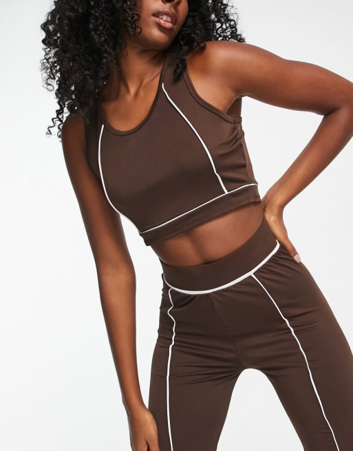 Threadbare Fitness contrast seam sports set in chocolate