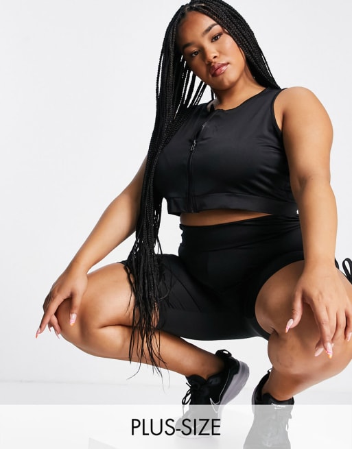 Threadbare Fitness Plus – Czarny zestaw treningowy: krótki top z suwakiem z przodu i legginsy