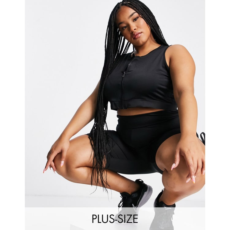 Threadbare Fitness Plus zip front gym crop top legging shorts in black ASOS